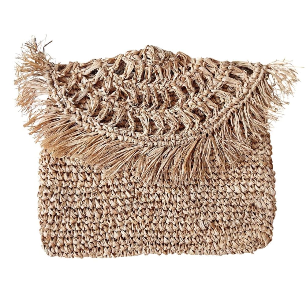 Embrague de rafia con flecos, beige