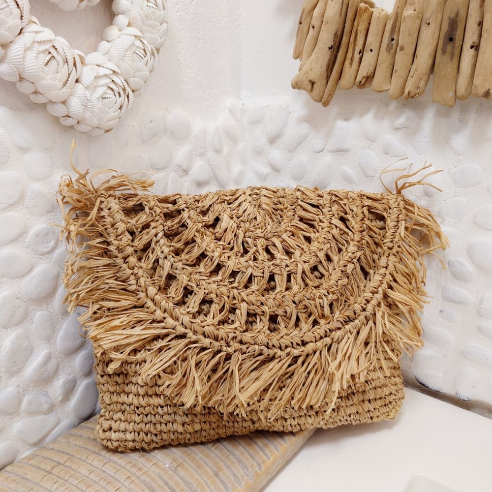 Pochette in rafia con frange, beige - My Bliss Home