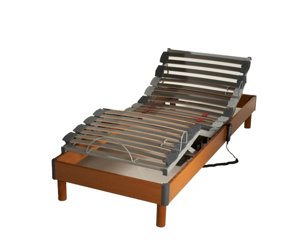 Sommier électrique tous lattes bois merisier 90x190