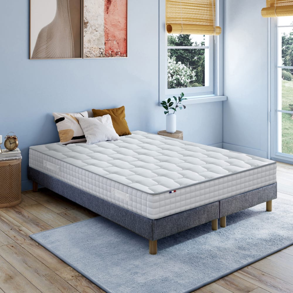 Ensemble matelas ressort mémoire forme sommier bleu 160x200