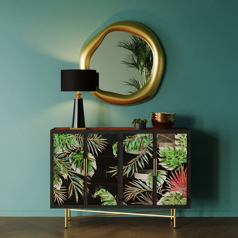 Buffet 4 portes en verre motifs feuilles et acier noir - Maisons du Monde