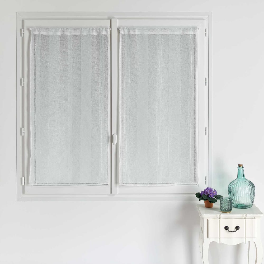 Paire de petits voilages unis à rayures fantaisie polyester blanc