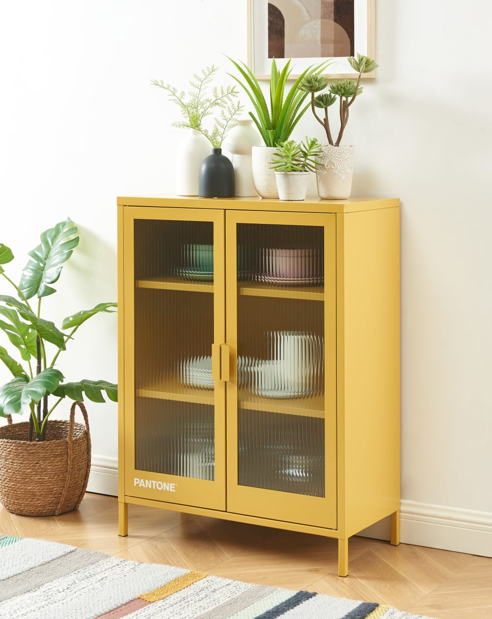 Buffet jaune moutarde portes en verre cannelé