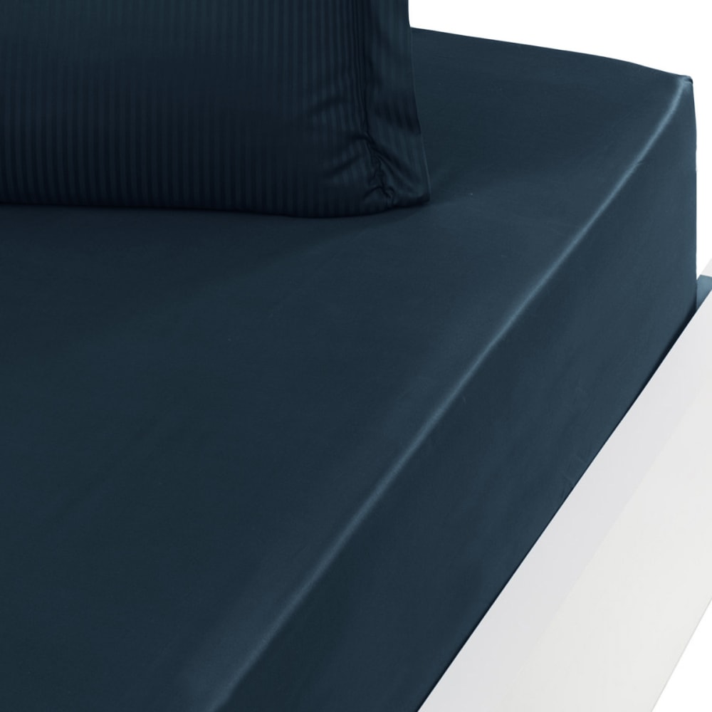 Drap housse satin de coton bonnet 40 cm Marine 140x200 cm