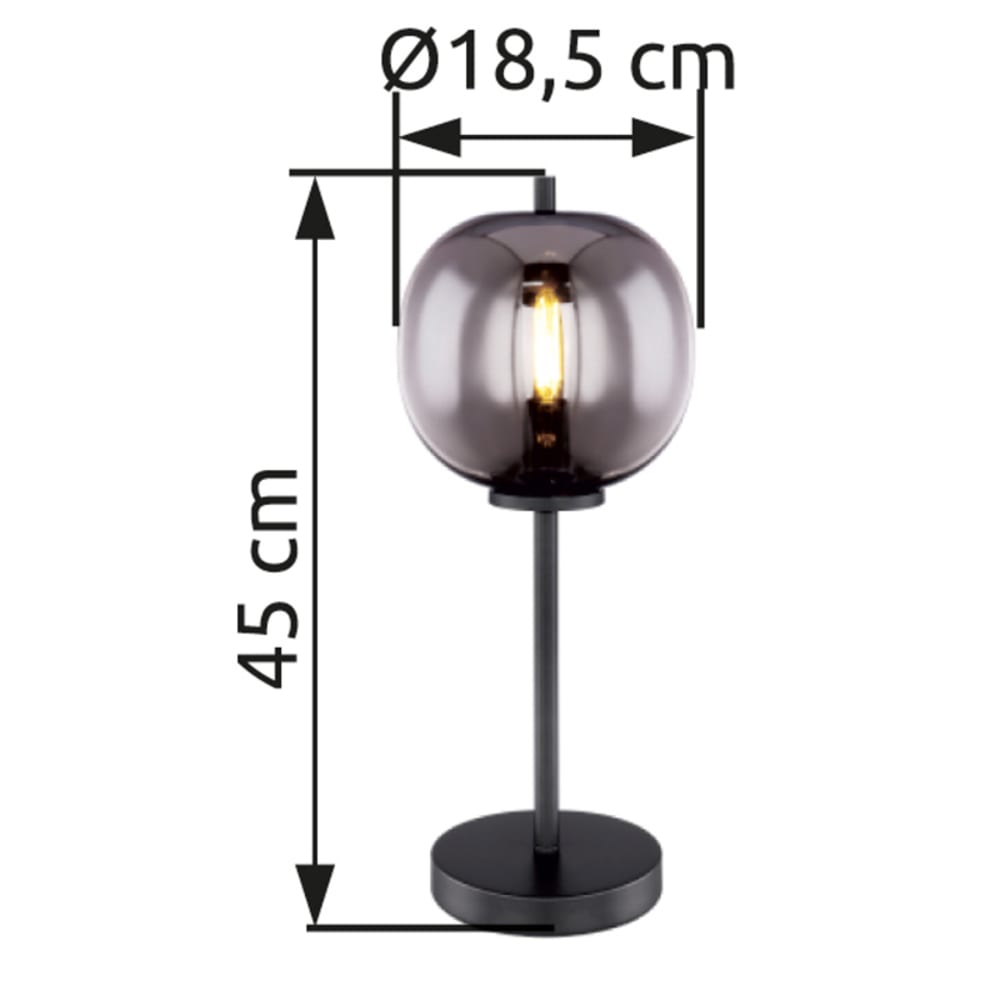 GLOBO LIGHTING Tischleuchte Metall schwarz, Glas, Wippschalter am Kabel, ø: 185mm, H: 450mm, Kabellänge 1500mm, exkl. 1x E14 40W 230V Schwarz