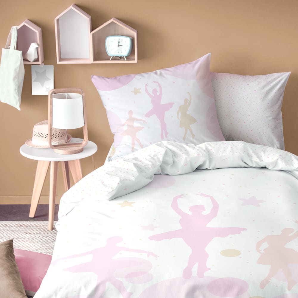 Parure de lit imprimée en coton Blanc, Rose 140x200+63x63cm