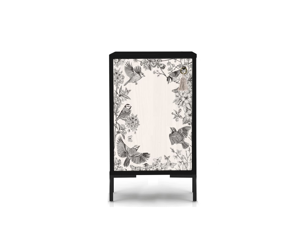 Mesita de noche de MDF estampado blanco grisaceo y negro pájaros