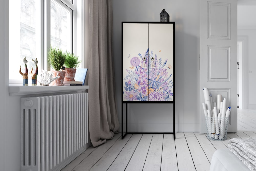 Buffet armoire 2 portes MDF imprimé floral bleu,violet