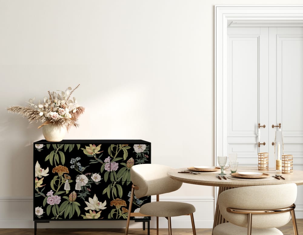 Buffet bas 2portes 4 tiroirs MDF imprimé floral sur fond noir