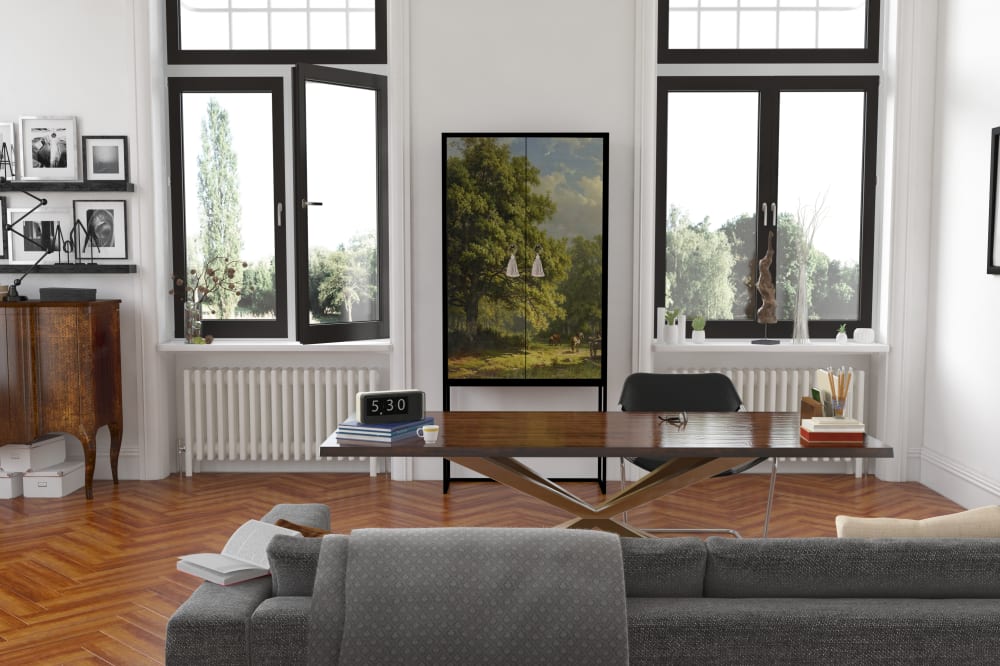 Schrank-Sideboard mit 2 Türen aus MDF mit bukolischem Walddruck -