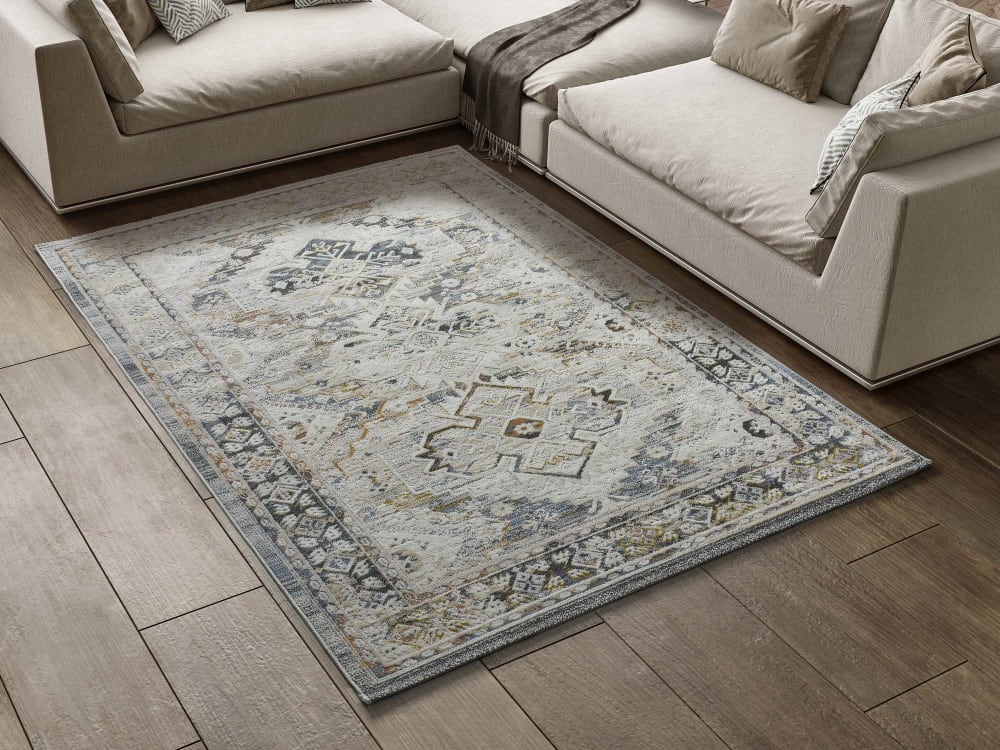 Atticgo Tapis vintage oriental beige/rouille/bleu 77x150 cm style classique chic Certifié Oeko-Tex - Pes - Polyester
