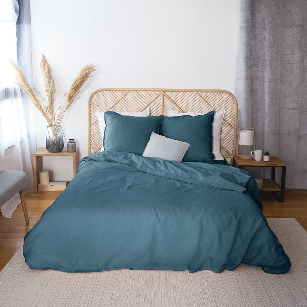 Parure housse de couette coton/lin bleu 240x220 cm