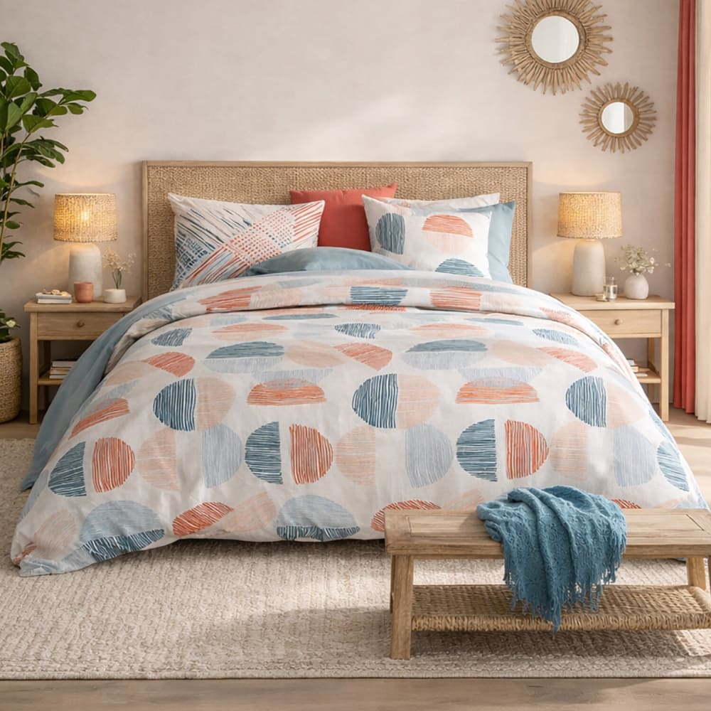 Parure housse de couette coton imprimée + 2 taies 240x220 cm