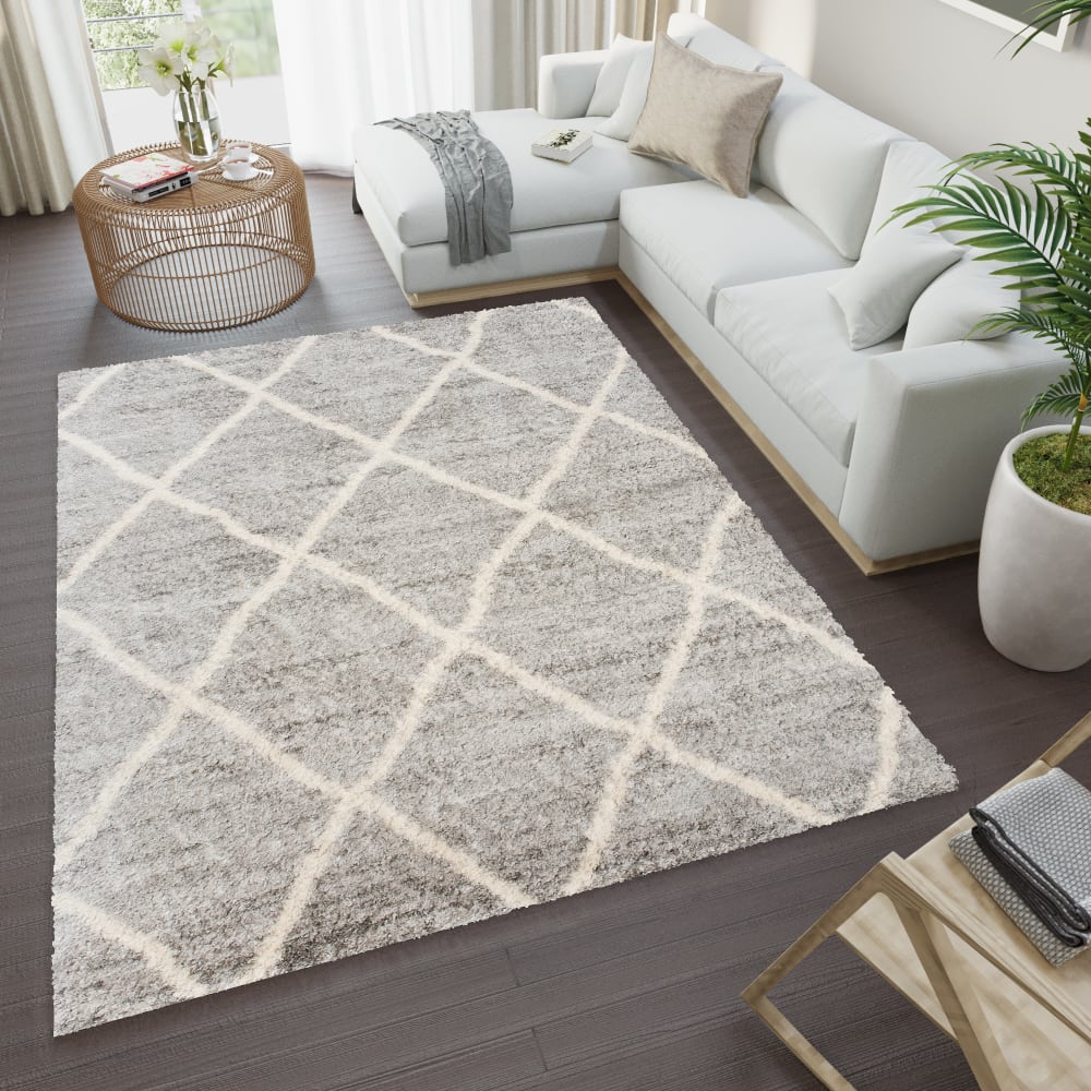 Tappeto salotto grigio crema diamante rombi shaggy 80x150 -