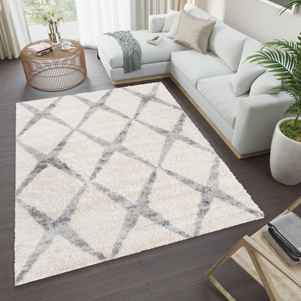Tappeto salotto crema grigio geometrico astratto shaggy 120x170 -