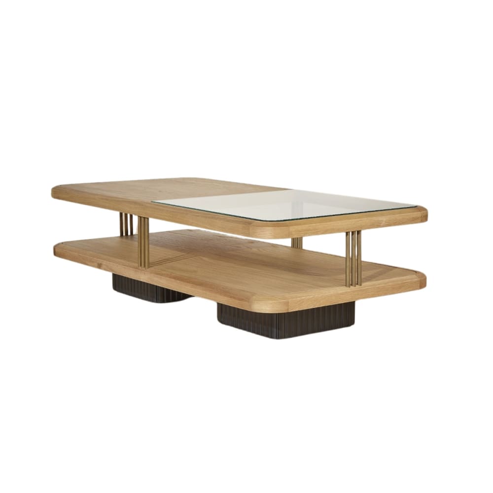 Table basse rectangulaire style contemporain en chêne et beige Table basse rectangulaire style contemporain en chêne et beige
