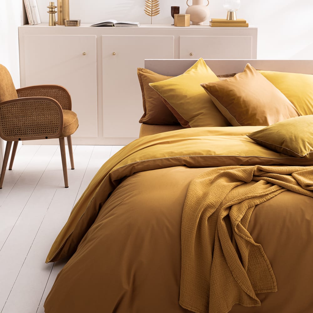 Housse de couette bicolore en coton jaune 140x200
