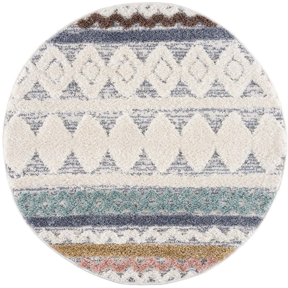 Tapis rond à poils longs et relief multicolore 200x200cm