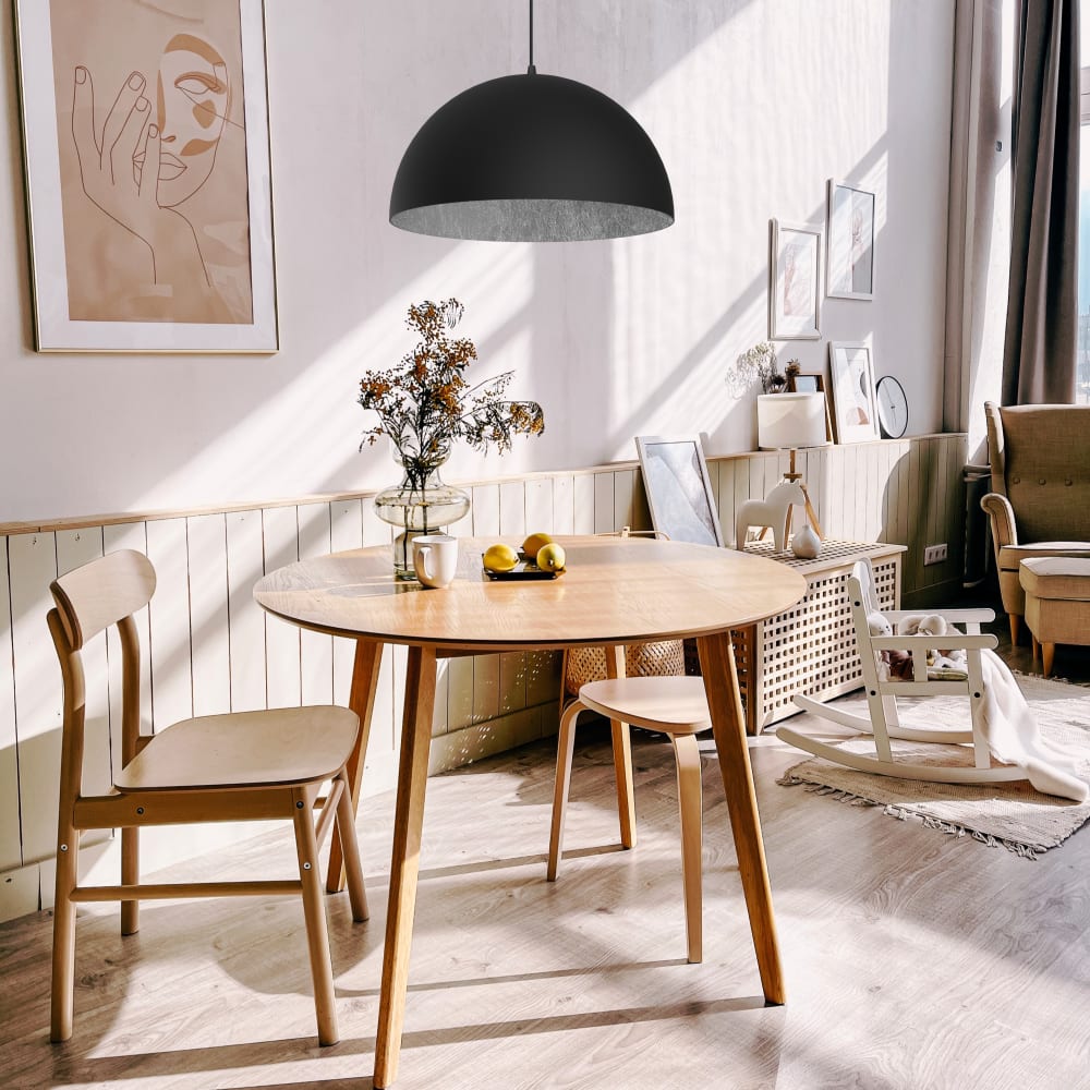 Suspension en métal noir et feuille argent interne E27