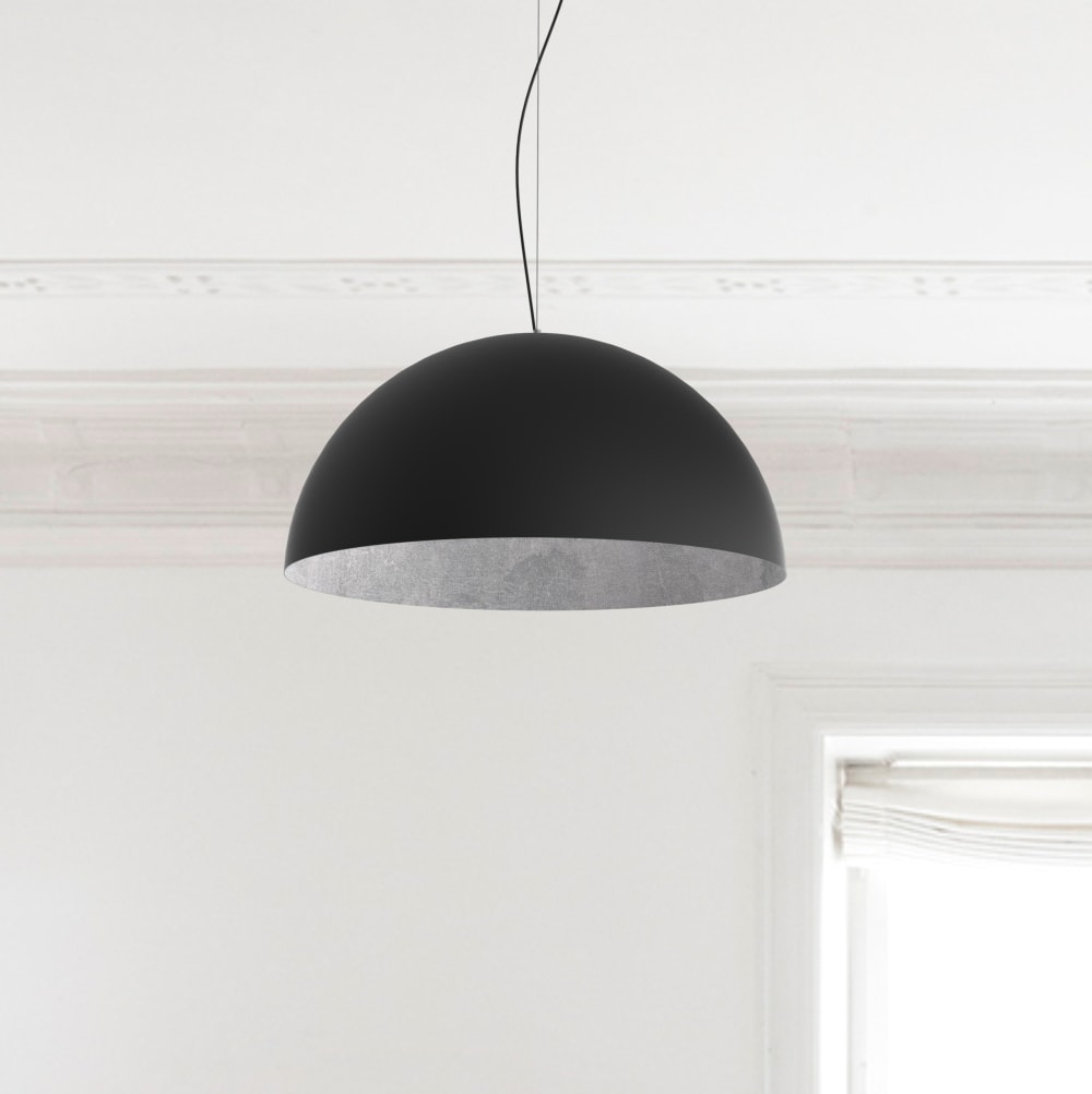 Suspension en métal noir et feuille argent interne E27
