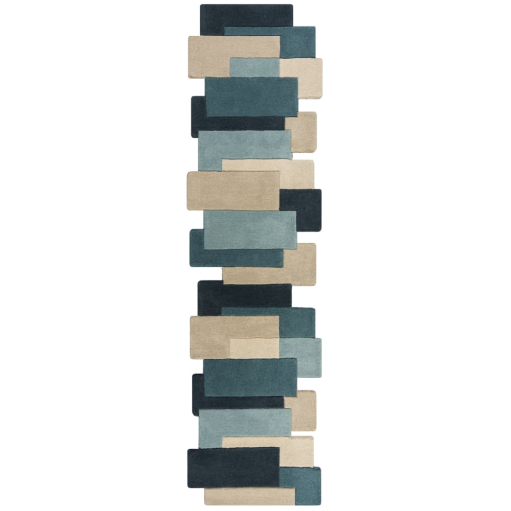 Tapis en laine de couloir bleu, vert et beige 60x230cm