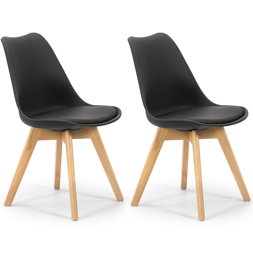 Pack 2 sillas negro, pata madera y asiento acolchado, estilo nórdico