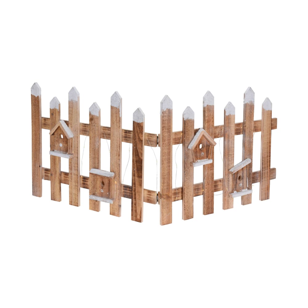 Wadiga Deko Holz Zaun Natur mit LED Warmweiß 98x39 cm batteriebetrieben Timer Braun Holz Festliche Dekoration