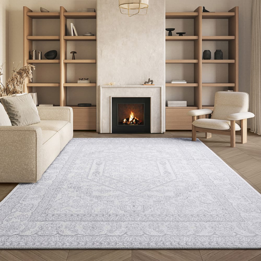 Tapis médaillon en polypropylène blanc/argent, 122 x 183 cm — vue 3
