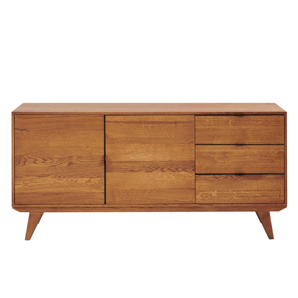Buffet bas rétro en bois chêne 2 portes 3 tiroirs L160 noir