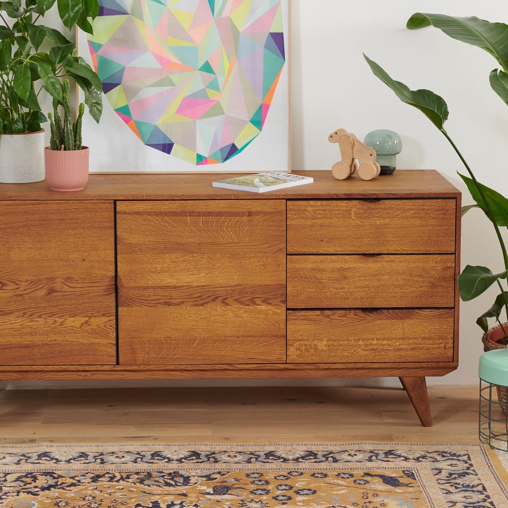 Buffet bas rétro en bois chêne 2 portes 3 tiroirs l160 noir