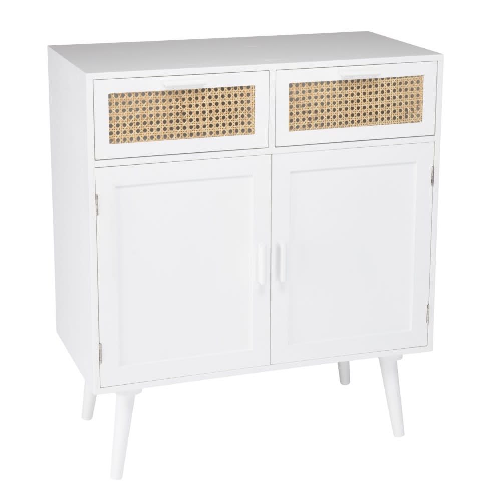 MACABANE Weißes Sideboard mit 2 Türen, 2 Schubladen, natürliches Rohrgeflecht style classic chic Weiß Holz