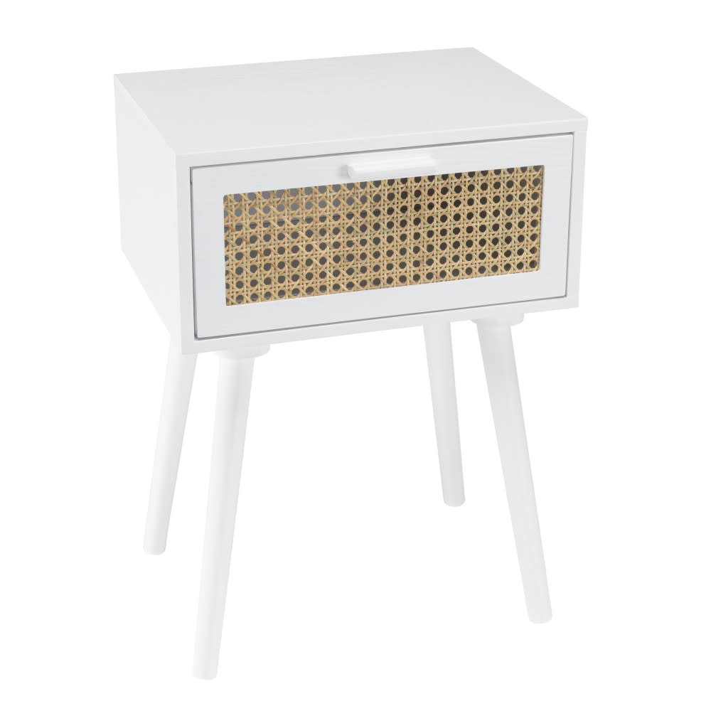 Mesa de noche blanca con 1 cajón de ratán natural