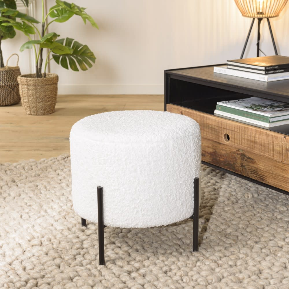 Tabouret rond 40x40cm tissu bouclette blanc pieds métal noir - Maisons du Monde