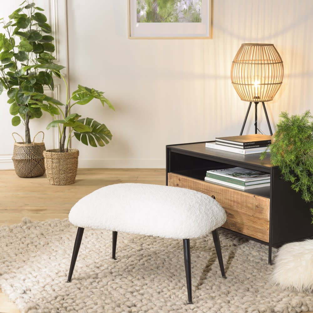 Tabouret cosy tissu bouclette blanc pieds métal noir