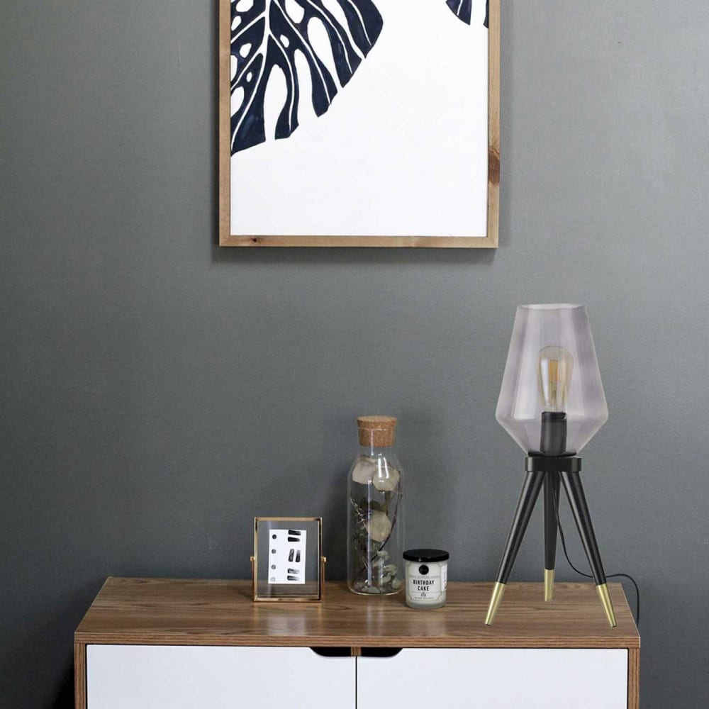 Lampe en bois noir et doré, cloche en verre