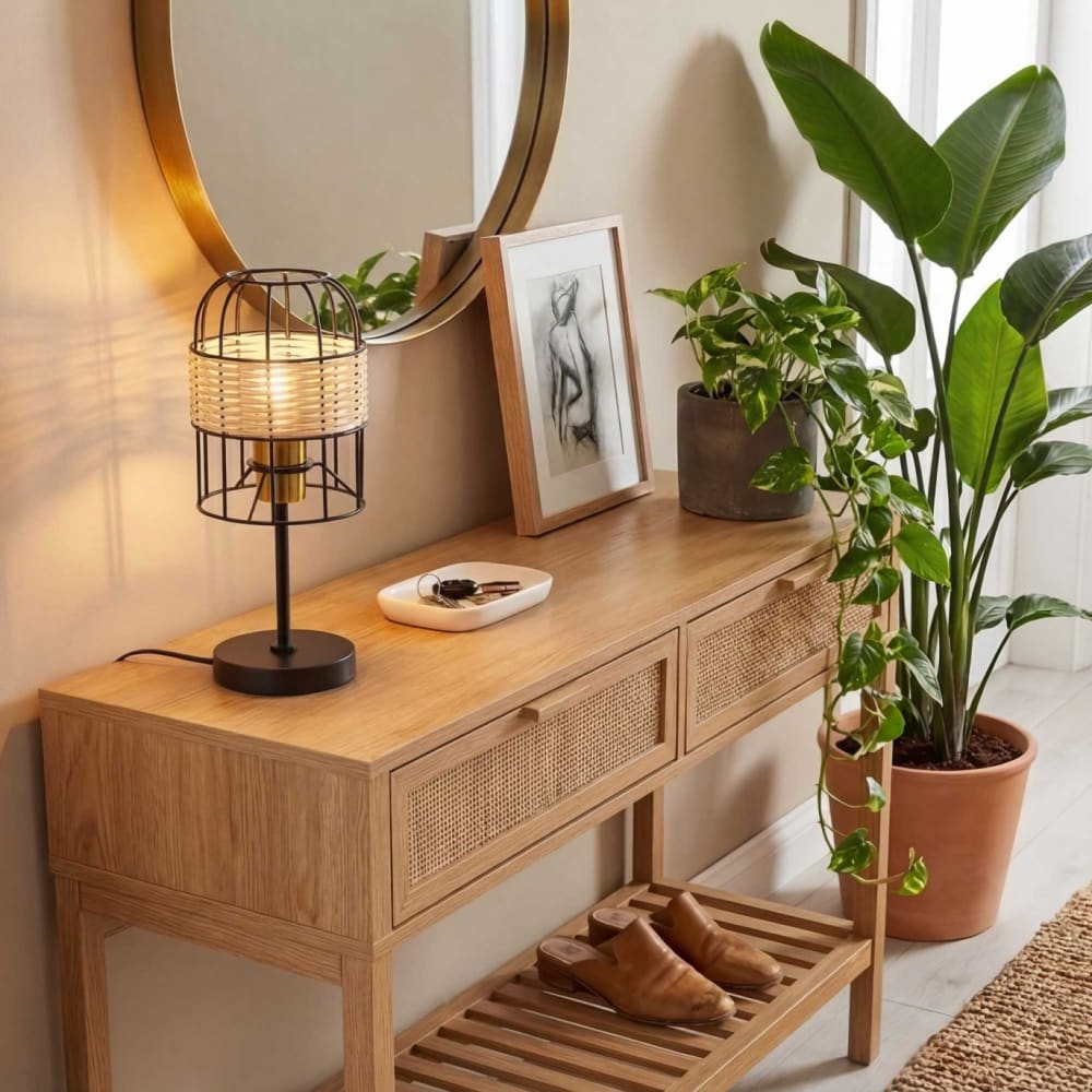 Lampe à poser tactile en métal noir et rotin tressé naturel