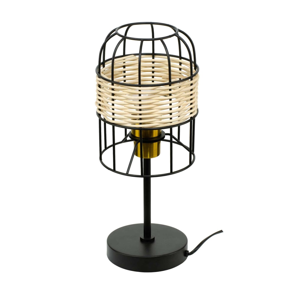 Lampe à poser tactile en métal noir et rotin tressé naturel — vue 4