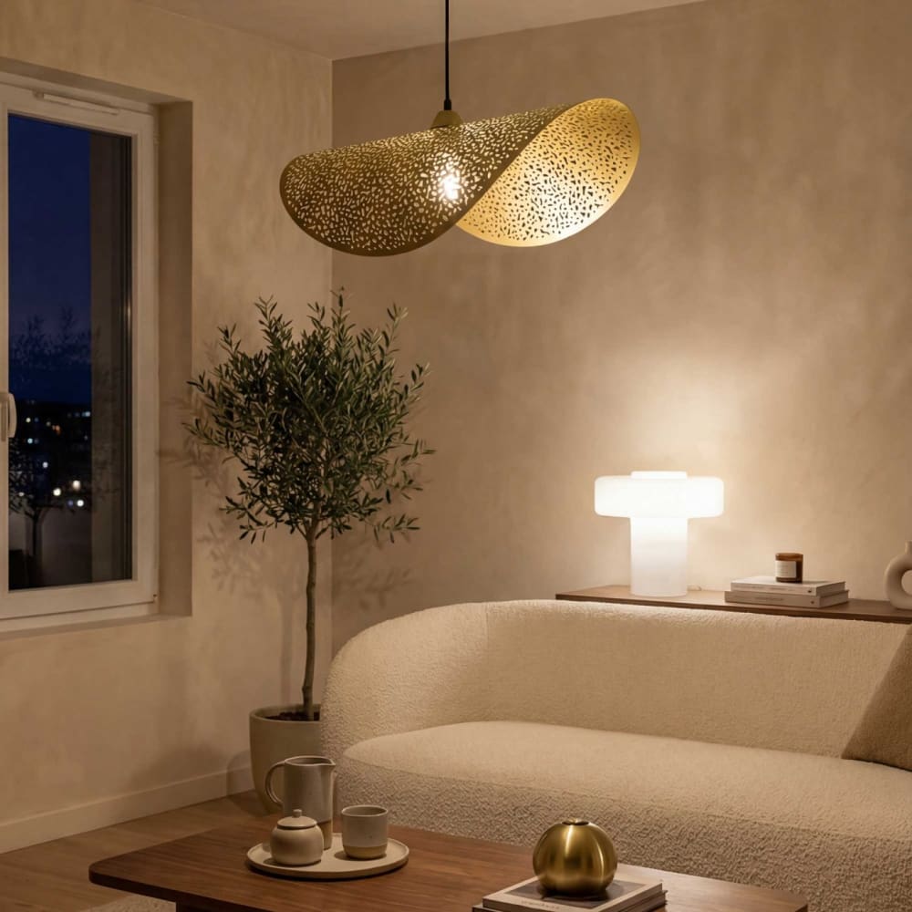 Suspension tuile en métal perforé intérieur doré extérieur doré