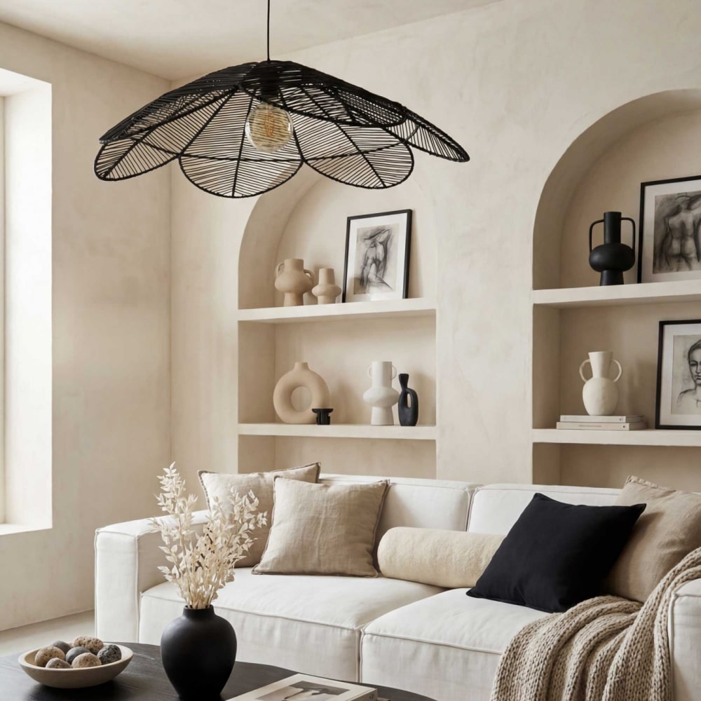 Suspension fleur en métal et rotin tressé noir