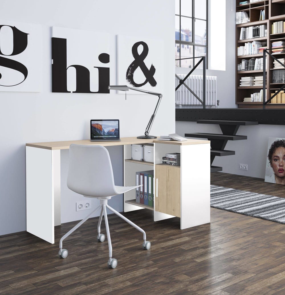 Bureau d'angle effet bois et blanc