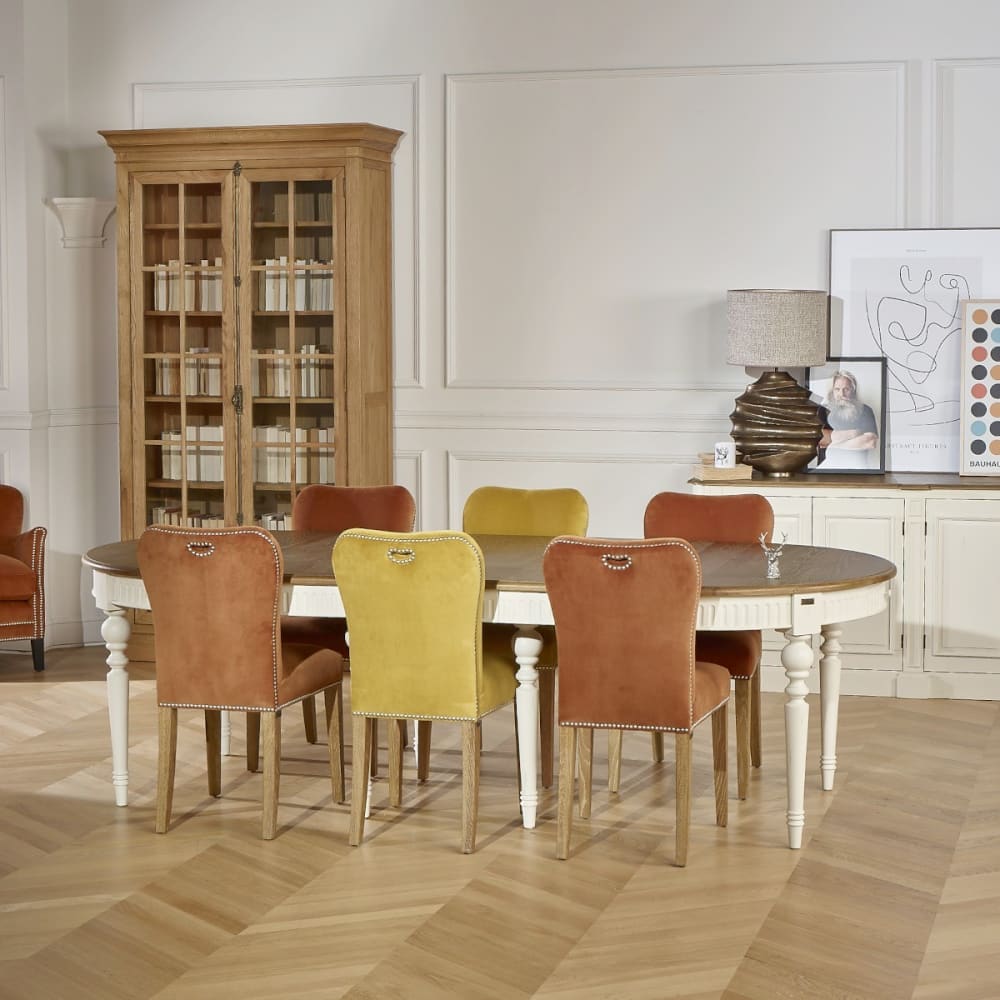 Lot de 2 chaises en chêne et velours clouté jaune moutarde