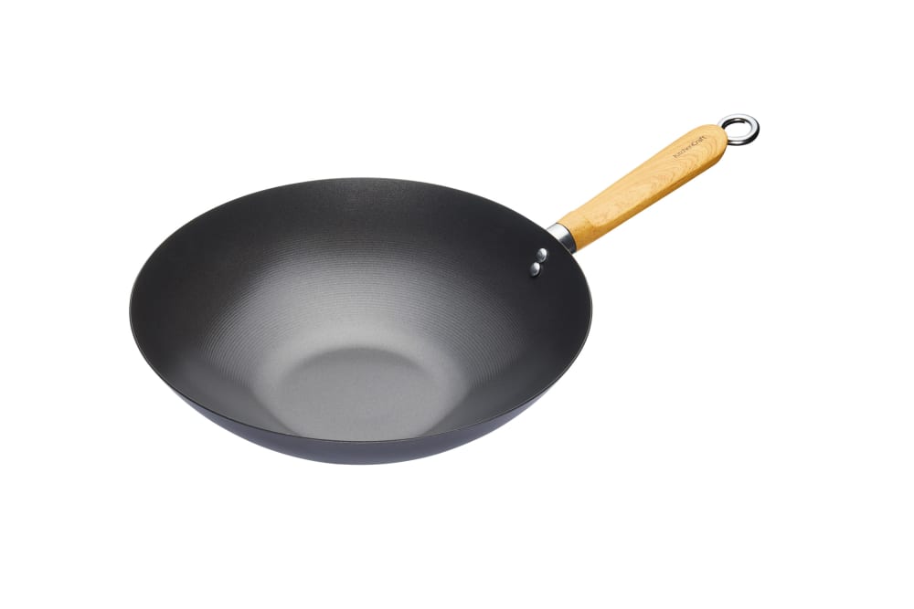 Wok 30cm anti-adhésif en acier carbone noir et bois