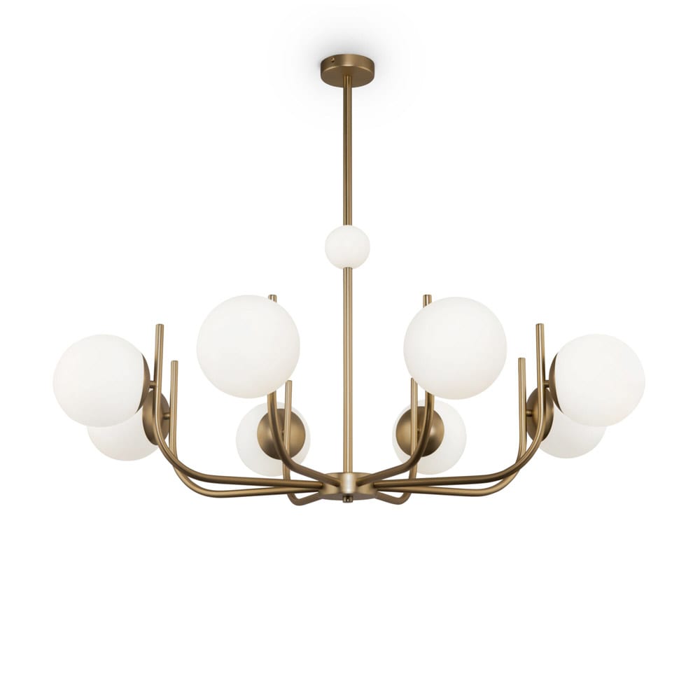 Lámpara colgante 8 luces oro con esferas de cristal blanco
