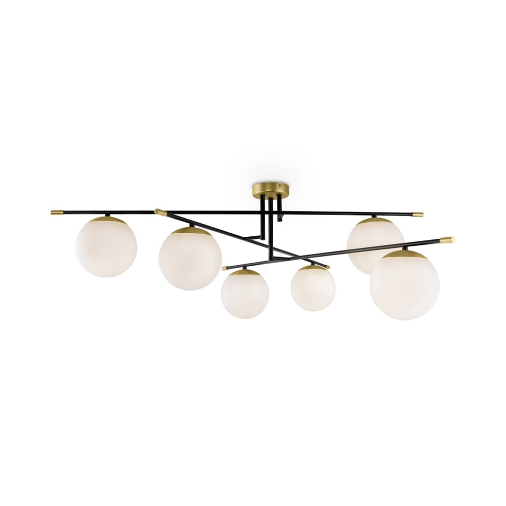 Suspension 6 lumières dorée et noir avec sphères en verre blanc mat — vue 3