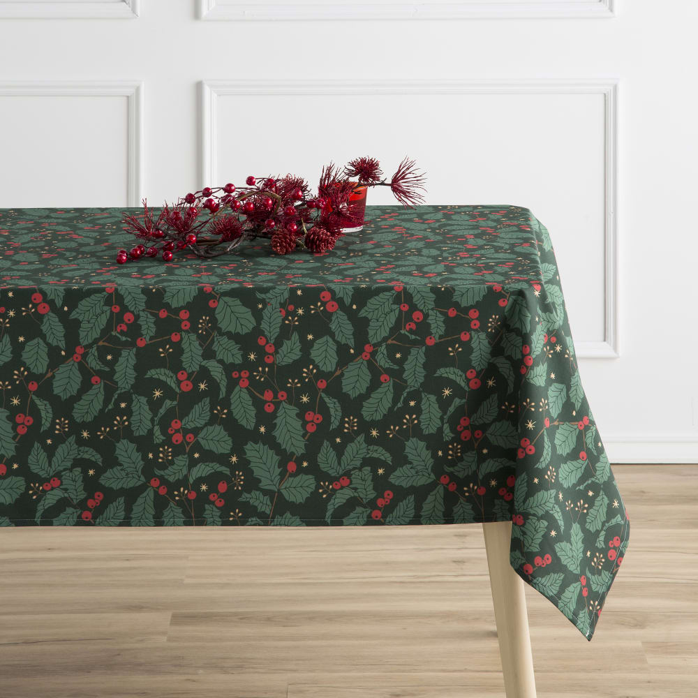 Mantel estampado verde tratamiento antimanchas algodón 140x140 cm