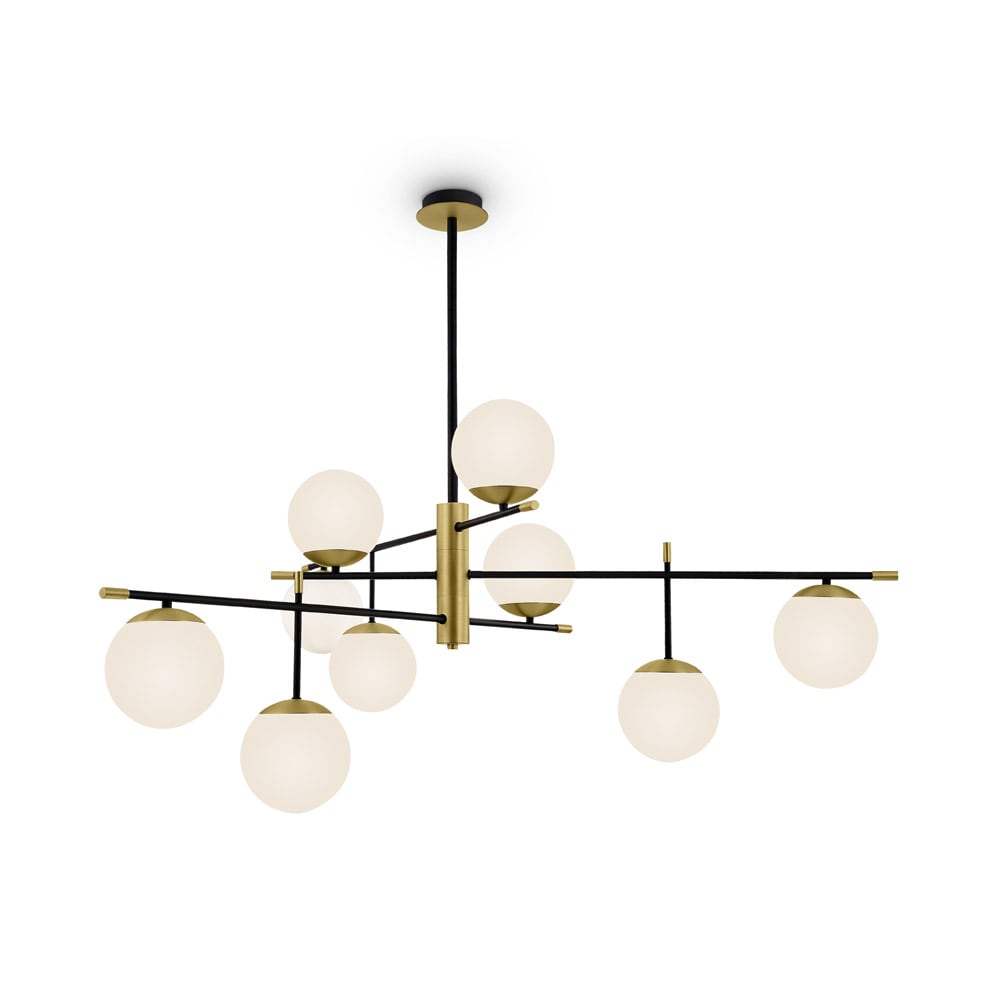 Lámpara colgante 9 luces negro dorado y esferas de vidrio blanco