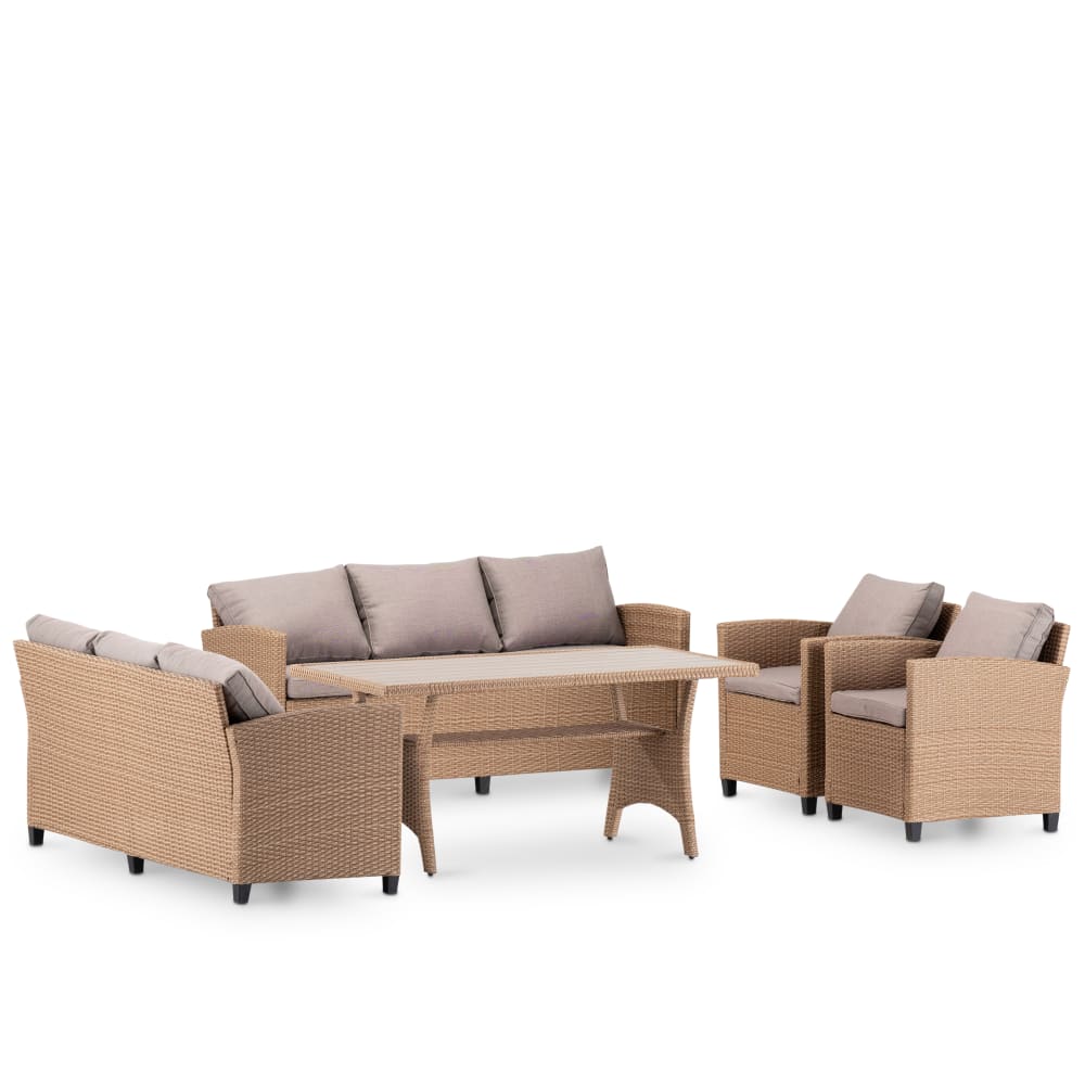 Ensemble de 2 canapés, 2 fauteuils + table haute en rotin synthétique