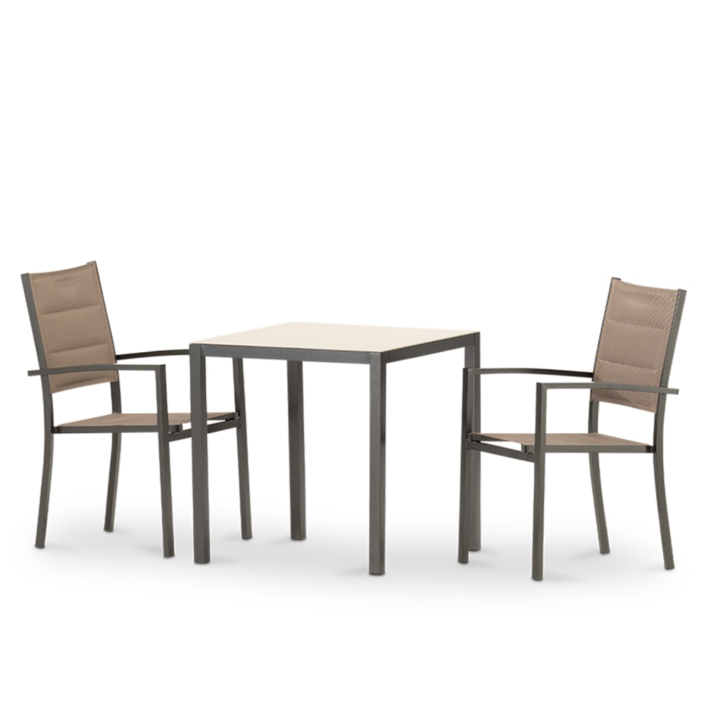 Ensemble de table fixe 70×70 et 2 chaises de jardin marrons