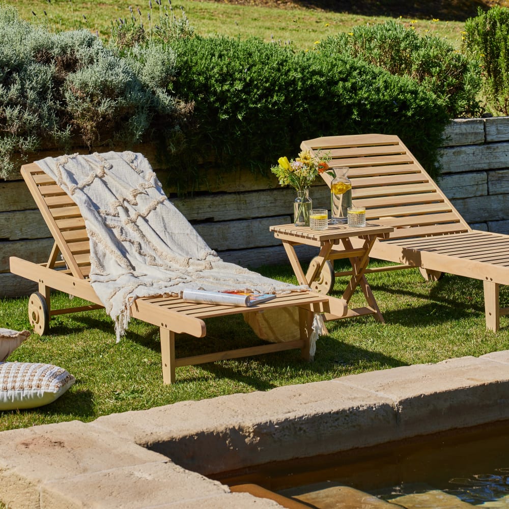 Pack 2 Lettino amaca da giardino in legno con ruote colore chiaro