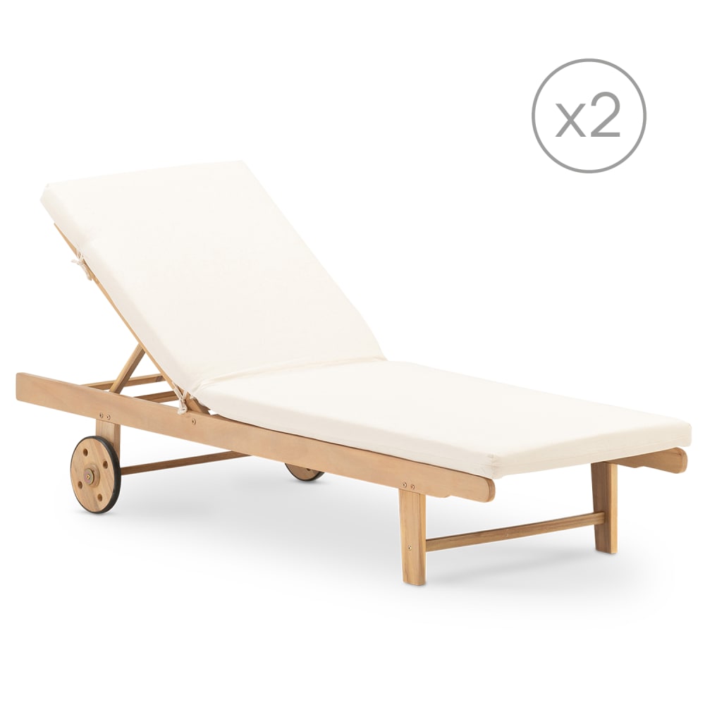 Lot de 2 chaises longues pour jardin avec roulettes et coussins